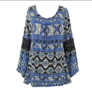 Hannah Boho Print‎ Lace Bell Sleeve Women’s Top, Large